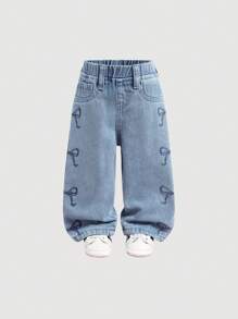 SHEIN 女婴可爱宽松直筒牛仔裤带蝴蝶结装饰，蓝色，女童秋冬装，羊毛加厚牛仔裤