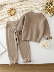 SHEIN 2pcs Young Girl's Cute Solid Color Ruffle Patchwork Knit Set, Round Neck Long Sleeve Sweater And Pants, Autumn/Winter - Khaki - View 2