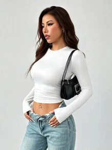 SHEIN PETITE Women's Three Pieces Round Neck Casual Tight-Fitting Solid Color Long-Sleeved T-Shirt Pullover Set Suitable For Spring, Autumn And Winter 3 Packs Topsmultipack Topspack Of Topsbasic Long Sleeve Topslong Sleeve Crop Tops - Multicolor - View 9