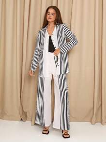 SHEIN Clasi Women Striped Long Sleeve Single Breasted Long Shirt And Wide Leg Pants Casual Loose Suit, Autumn