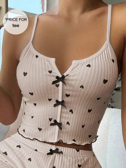 ZzzCrew Heart Print Lettuce Trim Bow Front Cami Pajama Sleep Top