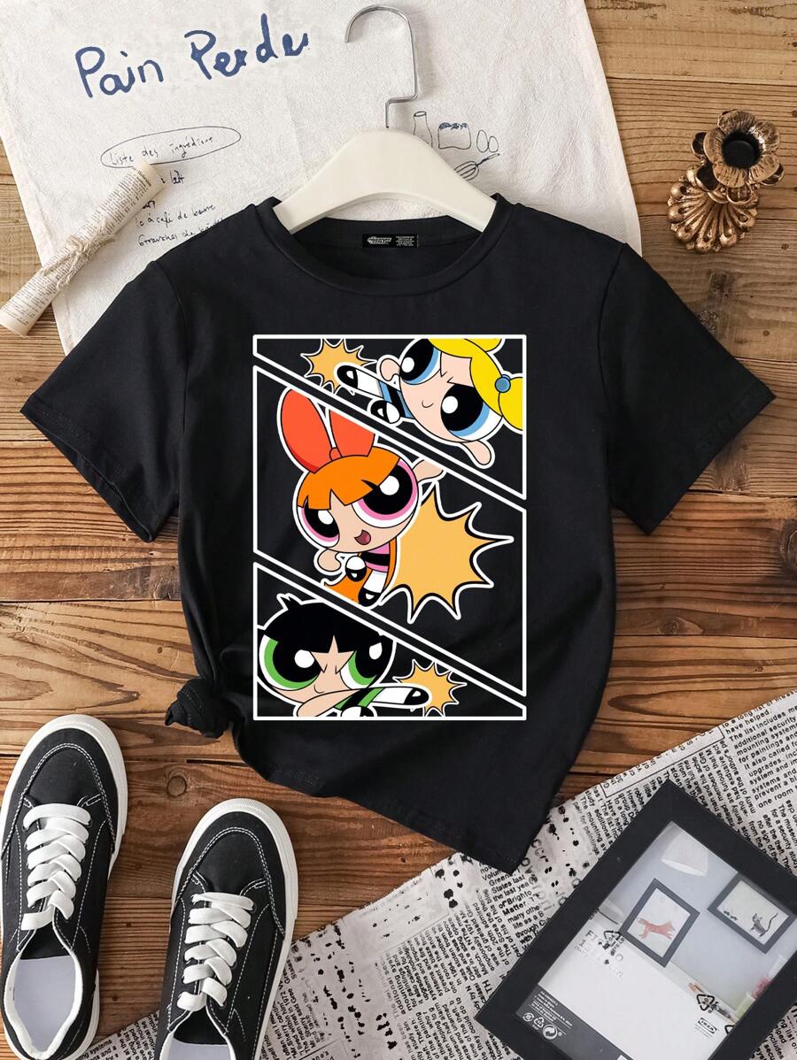 THE POWERPUFF GIRLS X SHEIN 青少年女孩休闲卡通印花圆领短袖 T 恤，夏季 - 黑色 - 查看 1