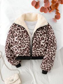 SHEIN Tween Girl Leopard Print Stand Collar Long Sleeve Knit Thick Warm Cardigan, Casual For Autumn/Winter - Multicolor - View 1