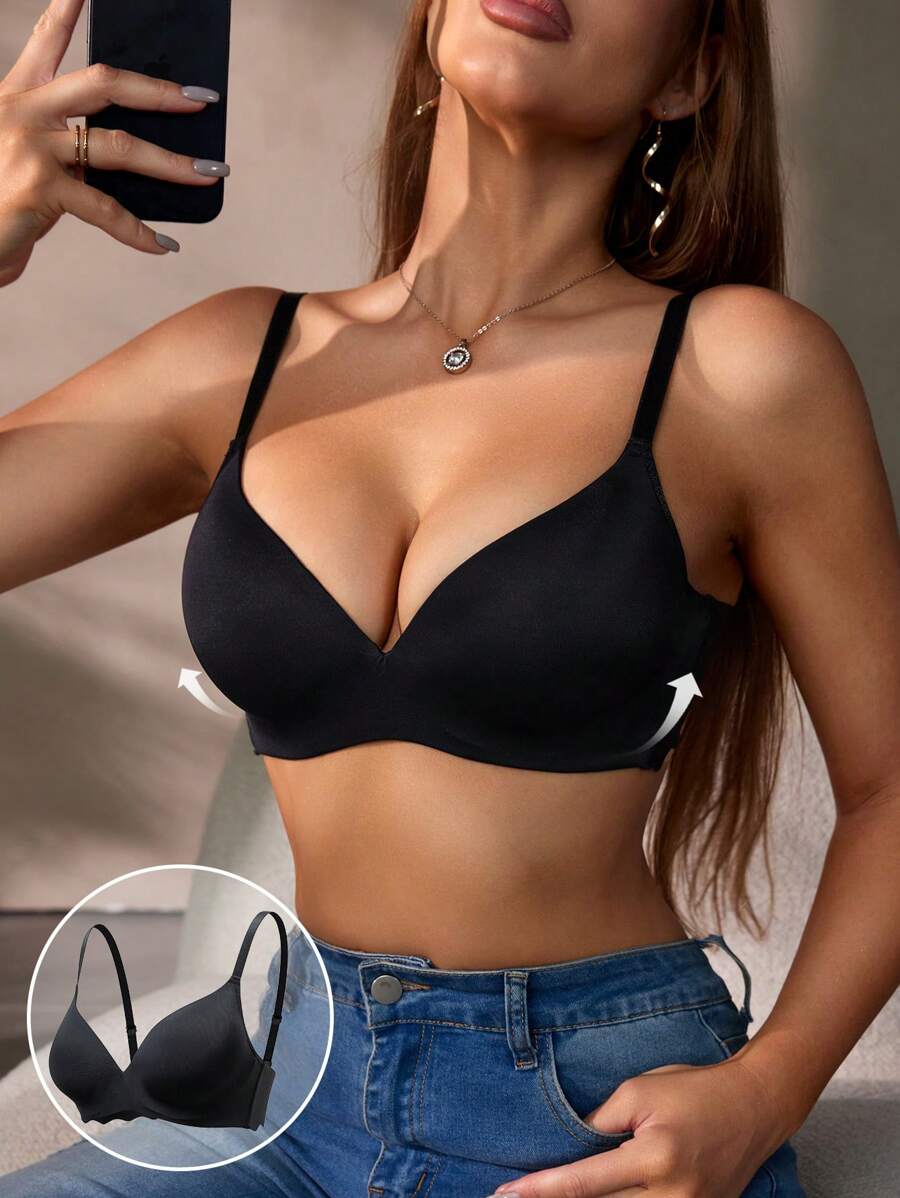 薄款无缝钢圈聚拢文胸 - 黑色 - 查看 1