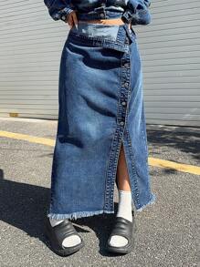 SHEIN ICON Plus Size Casual Denim Skirt With Foldover Waistband & Side Slit Design - Medium Wash - View 3