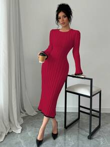 Elenzga Vestido de punto casual simple con cuello redondo, manga larga y cordones en la espalda en bloque de color para mujer, atuendo para el Año Nuevo