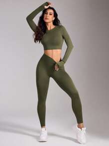 Easithlete Bộ đồ thể thao tập gym nữ thời trang hở lưng co giãn dài tay liền mạch và quần legging - Màu xanh Ô liu - Xem 5