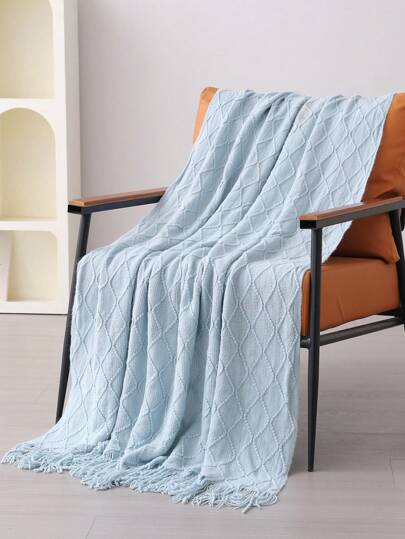 1pc Light Blue Diamond Plaid Knitted Throw Blanket, Nordic Casual Style Tasseled Rectangle Warm Blanket For Sofa, Office Nap, Daily Use,Fall Decor,Autumn Decor,Room Decor