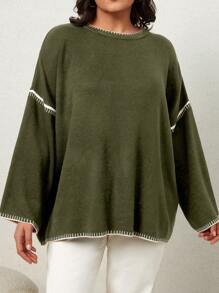 EURMUSE Plus Contrast Trim Drop Shoulder Sweater For Autumn & Winter - Army Green - View 4