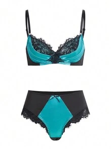 مجموعة ملابس داخلية للنساء من الدانتيل والشبك بألوان متباينة - متعدد الألوان - مشاهدة 1