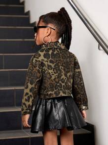 SHEIN Explorewe Áo khoác denim họa tiết da báo thời trang cho bé gái, áo khoác ngoài ngắn rộng rãi thoải mái - Nhiều màu - Xem 2