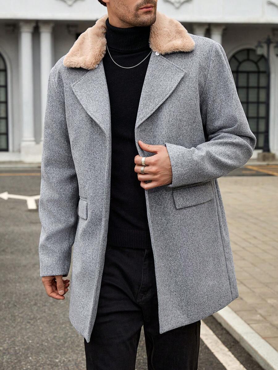 Manfinity VCAY 男士编织翻领加固修身常规肩立领纽扣大衣，外出浅灰色休闲大衣，适合朋友、丈夫、男朋友的礼物