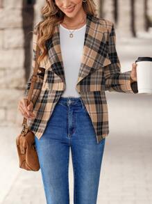 EMERY ROSE Chaqueta elegante de mujer con solapa de cuadros, manga larga y apertura frontal para el otoño, chaqueta corta de invierno para mujer - Caqui - Ver 1