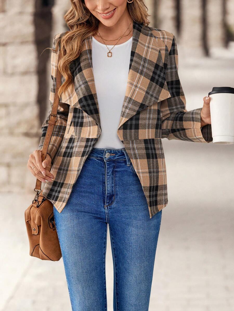 EMERY ROSE Chaqueta elegante de mujer con solapa de cuadros, manga larga y apertura frontal para el otoño, chaqueta corta de invierno para mujer - Caqui - Ver 1