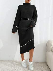 EURMUSE Women Drop Shoulder Long Sleeve High Collar Ribbed Color Block Sweater Dress, Autumn/Winter - Black - View 4