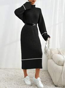 EURMUSE Women Drop Shoulder Long Sleeve High Collar Ribbed Color Block Sweater Dress, Autumn/Winter - Black - View 5
