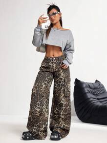 SHEIN PETITE Pantalones vaqueros de cintura baja y pierna ancha sexy para mujer, pantalones cargo de algodón con estampado de leopardo