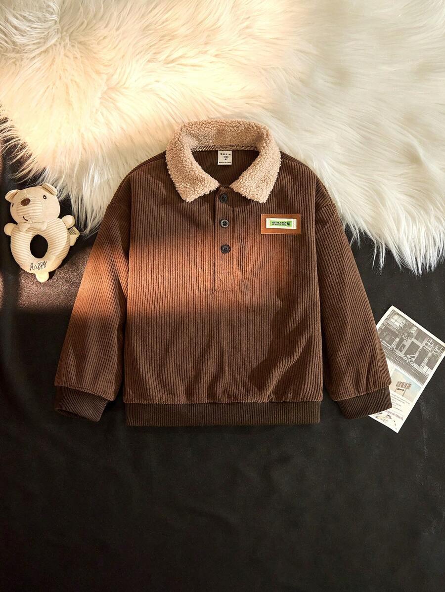 Young Boy Casual Stand Collar Half-Zip Sweatshirt, Loose Fit Thick Corduroy Hooded Pullover, Warm Autumn/Winter