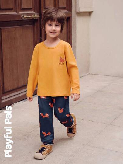 SHEIN 2 Pcs Young Boys Sets Fun Fox Print T-Shirt & Sweatpants Cute/Vintage/Casual/Home/Outdoor Winter/Fall Outfits