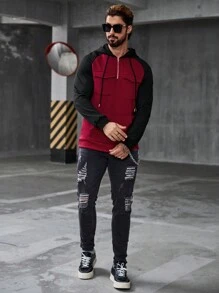 Manfinity CasualCool 男士秋季插肩袖拉链立领多口袋长袖休闲拼色连帽衫，适合送给朋友、丈夫、男朋友的礼物 - 酒紅色 - 查看 4