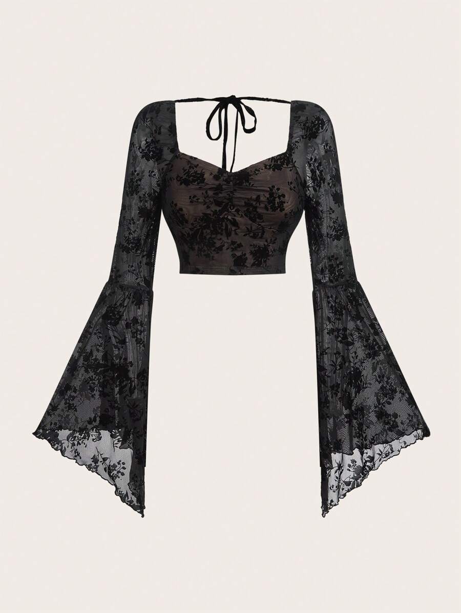 SHEIN MOD 针织植绒网眼印花水钻领喇叭袖短款修身女式上衣 - 黑色 - 查看 1