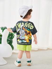 SHEIN Baby Jungen 2-teiliges Outfit: Cartoon-Tierdruck Pullover mit Dropped-Shoulder und Shorts mit Gummibund, geeignet für Lässig Sport, Zuhause, Ausflüge und Fotoshootings, Frühling/Sommer - Grün - Übersicht 3