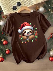 INAWLY Áo thun tay ngắn cổ tròn họa tiết động vật hoạt hình Giáng sinh cho nữ - Cà phê nâu - Xem 1