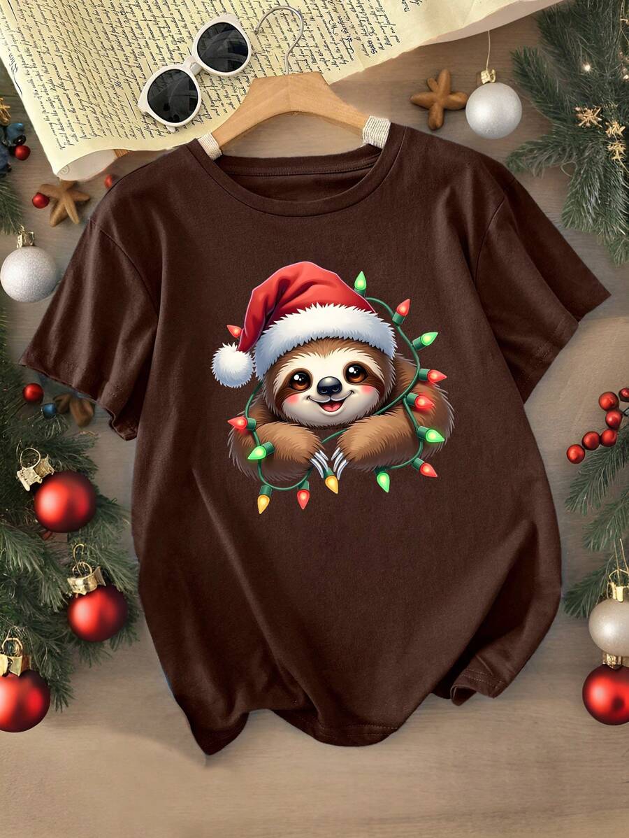 INAWLY Áo thun tay ngắn cổ tròn họa tiết động vật hoạt hình Giáng sinh cho nữ - Cà phê nâu - Xem 1