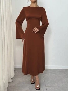 SHEIN Clasi 女士优雅长喇叭袖纯色露背交叉系带连衣裙，适合圣诞节和新年长款女装 - 棕色 - 查看 4