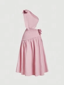 SHEIN MOD 女士无袖优雅大蝴蝶结吊带粉色连衣裙，送女装，除夕晚礼服，节日礼服，女士夏季连衣裙，茶会礼服，女士柔和色调连衣裙 - 粉色 - 查看 2