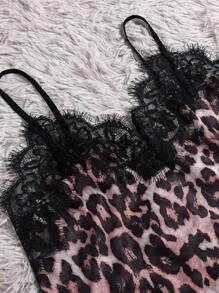 Leopard Print Lace Trim Mesh Cami Top & Shorts PJ Set / Pajama Set