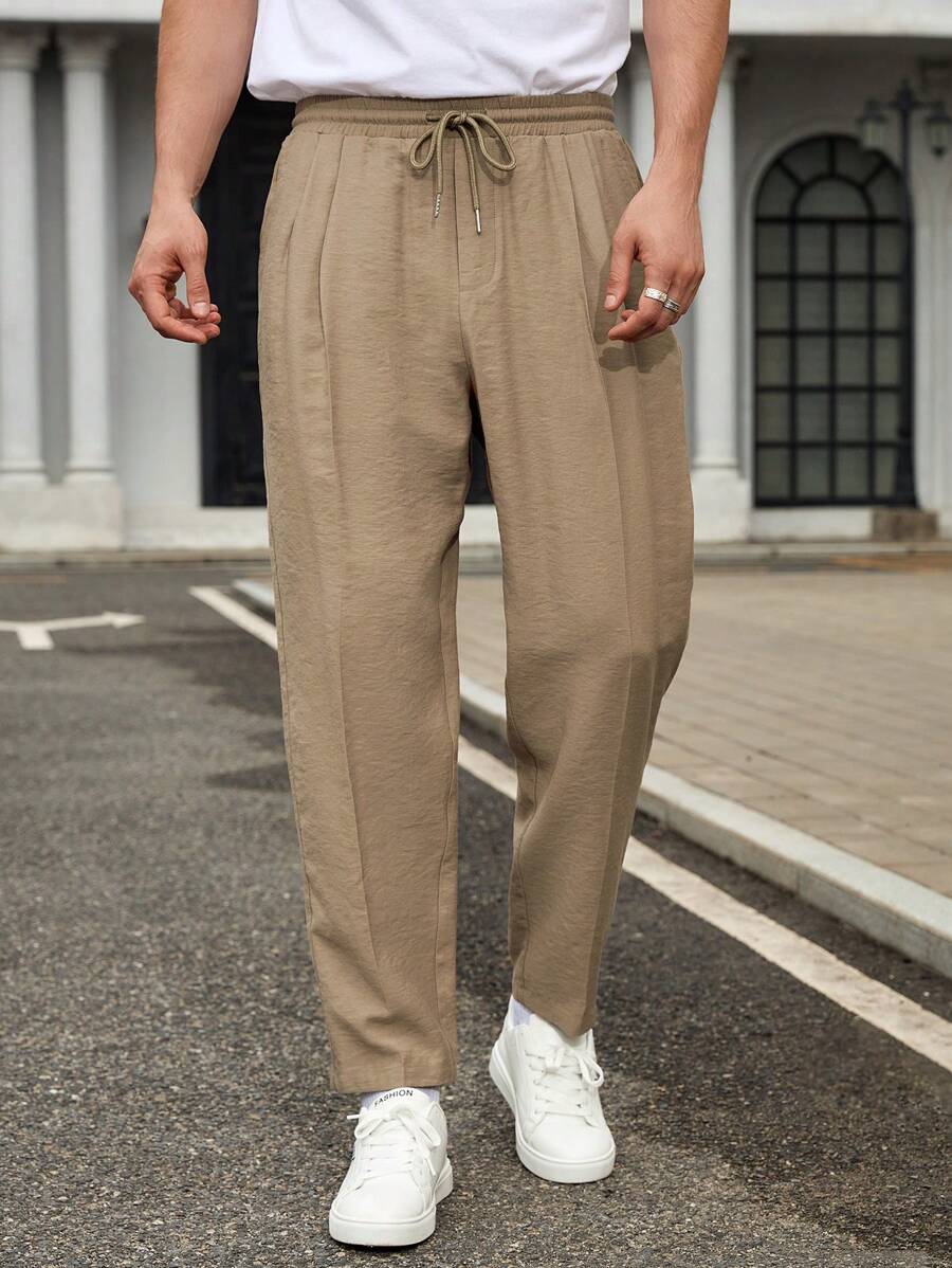 Manfinity VCAY Men's Woven Mid-Rise Drawstring Waist Straight Leg Casual Suit Pants, Suitable For Daily Wear - Apricot - View 1