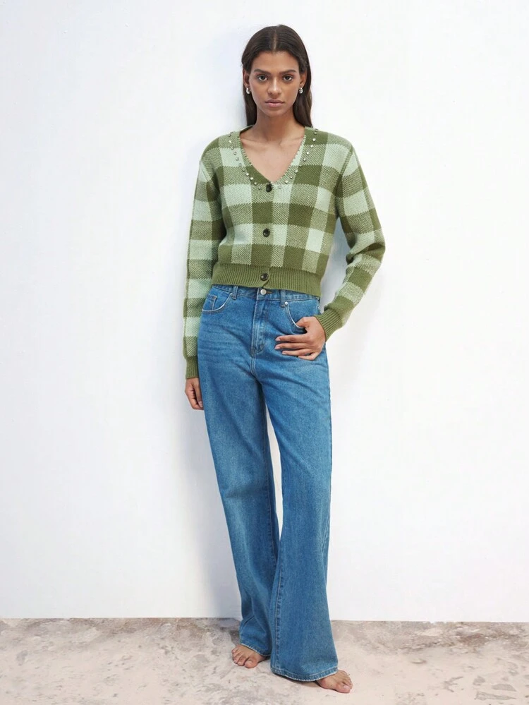 SHEIN Maija Women's Plaid V-Neck Long Sleeve Single Breasted Casual Cardigan, Autumn/Winter