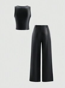 Sweetra 垂褶领口背心和直筒 PU 裤套装