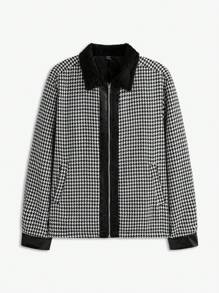 Manfinity EZcore Men's Casual Houndstooth Print Zip-Up Loose Jacket, Suitable For Daily Wear In Autumn - Black and White - View 1