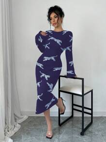 Elenzga Women's Leopard Allover Print Round Neck Long Sleeve Casual Tight-Fitting Dress Fall Cloth For Women - Blue - View 7