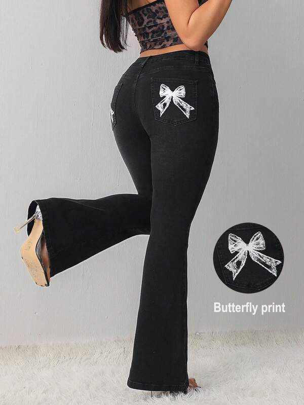SHEIN Tall Blugi de damă ocazional skinny stretch evazat cu fundă Blugi negri skinny înalți Blugi de damă înalți Îmbrăcăminte de iarnă de iarnă Pantaloni de sărbători Blugi din denim de vacanță Pantaloni de femei înalți Blugi Y2k de femei Colanți Pantaloni evazați