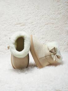 Cozy Pixies 米色女婴蝴蝶结毛绒时尚保暖可爱舒适休闲运动雪地靴，适合日常锻炼和户外活动，秋冬季鞋款 - 米色 - 查看 8