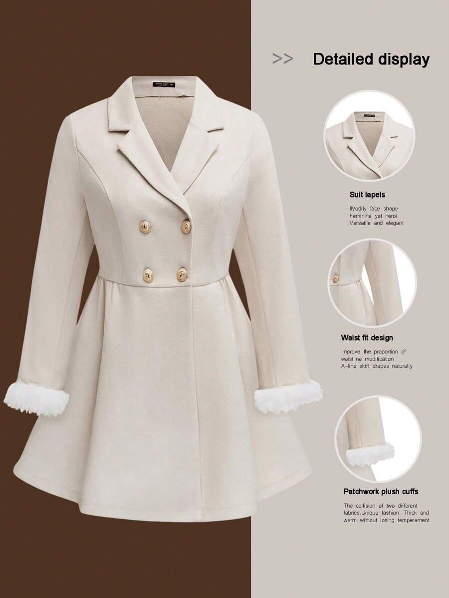 SHEIN Clasi 大码女式纯色长袖优雅立领金属纽扣大衣，冬季 - 杏色 - 查看 1