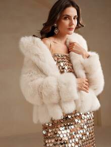 Anewsta Autumn/Winter New Elegant Lady Faux Fox Fur Coat, Fashion Furry Outerwear For Women - Beige - View 5