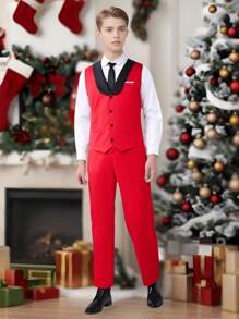 Bộ trang phục quý ông cho bé trai tuổi teen 2 món, áo vest ve áo nhiều màu + quần dài họa tiết, bộ đồ sang trọng thanh lịch trang trọng cho tiệc tùng, sinh nhật, giáng sinh, đám cưới, tốt nghiệp, lễ kỷ niệm - Đỏ - Xem 3