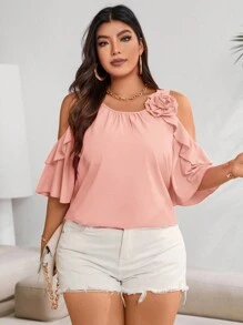 Celure 大码女式纯色 3D 花卉装饰露肩优雅衬衫 - 粉色 - 查看 3