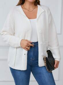 SHEIN LUNE Plus Size Women's Solid Color Drop Shoulder Long Sleeve Single Breasted Pocket Casual Cardigan, Autumn/Winter Fall Cloth For Women - White - View 7