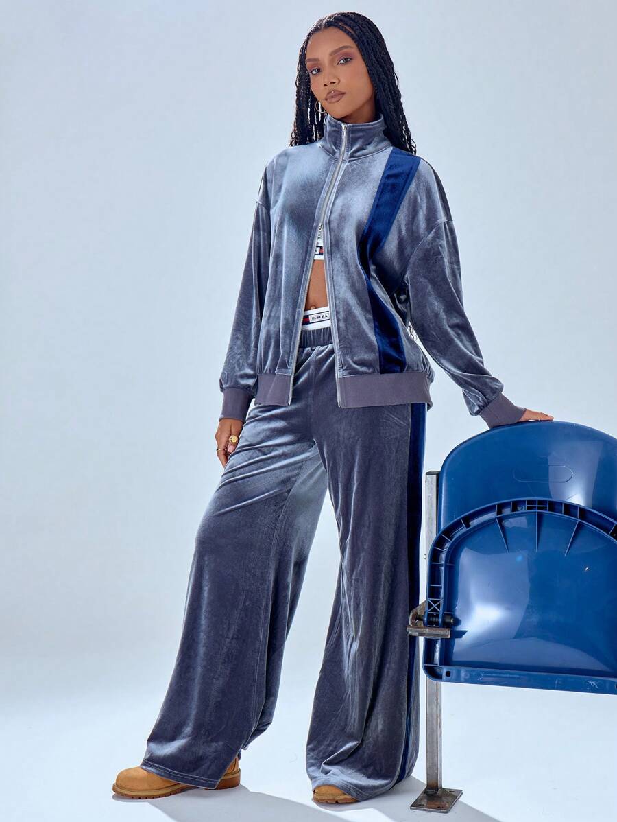 MUSERA Contrast Stripe Velour Straight Leg Trousers Vacation Cute Sexy Summer - Grey - View 1