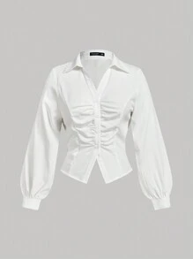 SHEIN MOD Blusa de manga larga ajustada con pliegues delanteros en color blanco para mujer de talla grande, casual de negocios, estilo de los 90, ropa de otoño, ropa, casual de negocios, de vuelta a la escuela, blusas de mujer, blusas para salir, camisa de manga larga, blusas de trabajo para mujer
