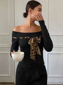 DAZY Color Block Leopard Print Off-Shoulder Long Sleeve Figure-Fitting Women T-Shirt Cheetah Print,Fall Clothes Cute Tops - Black - View 6