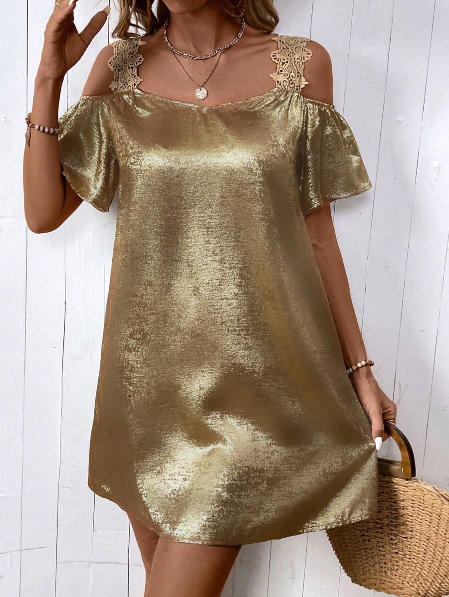 EMERY ROSE Women's Simple Off-Shoulder Gold Everyday Dress, Suitable For Halloween, New Year Party, Holiday