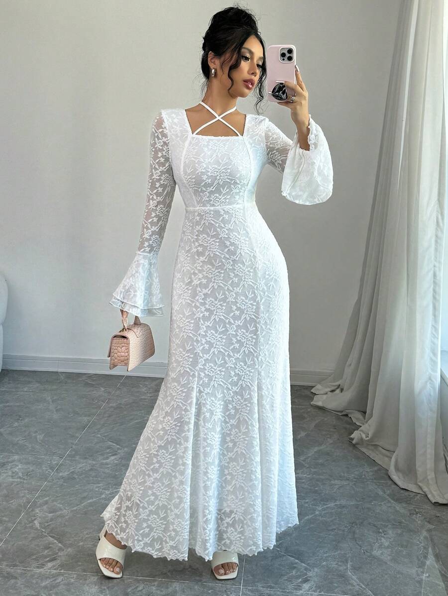 Selianne 女士优雅蕾丝喇叭袖美人鱼领带细节派对连衣裙长款女士服装 - 白色 - 查看 1