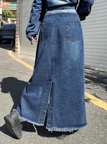 SHEIN ICON Plus Size Casual Denim Skirt With Foldover Waistband & Side Slit Design - Medium Wash - View 2