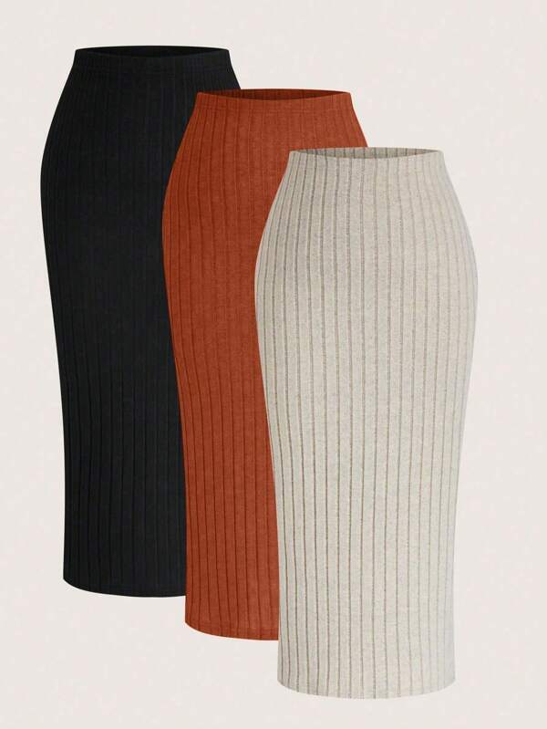 Plus Size Women Orange, Black & Beige Ribbed Knit 3pcs Outfit - Bodycon Skirt And Coordinating Top, Autumn Winter Maxi Women Outfit